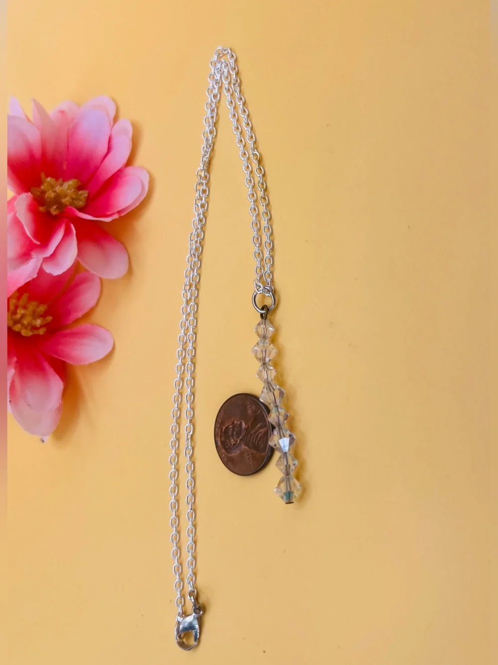 Clear Crystal Bar Pendant Necklace silver tone